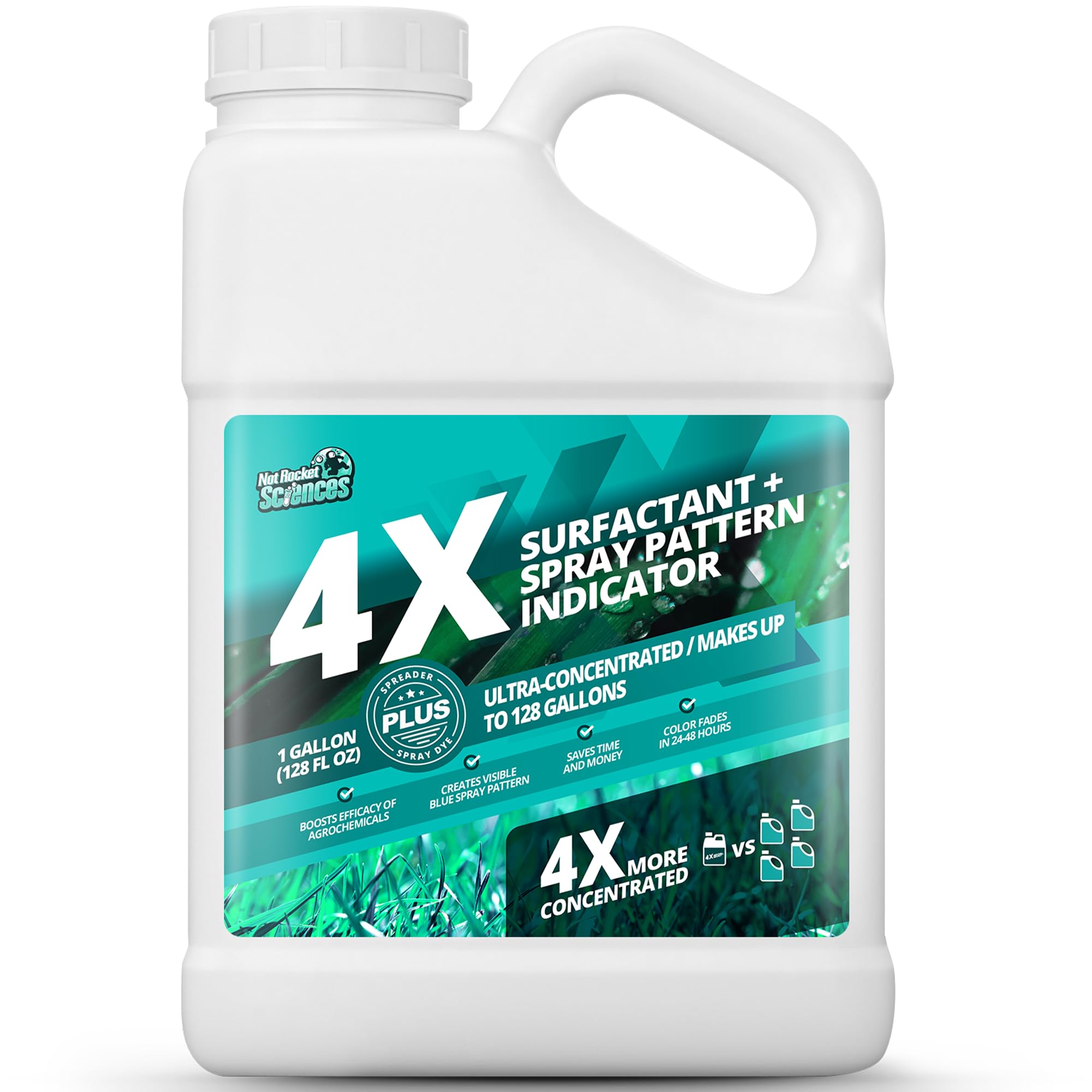 Not Rocket Sciences blue spray indicator dye bottle demonstrates even coverage for turf marking.