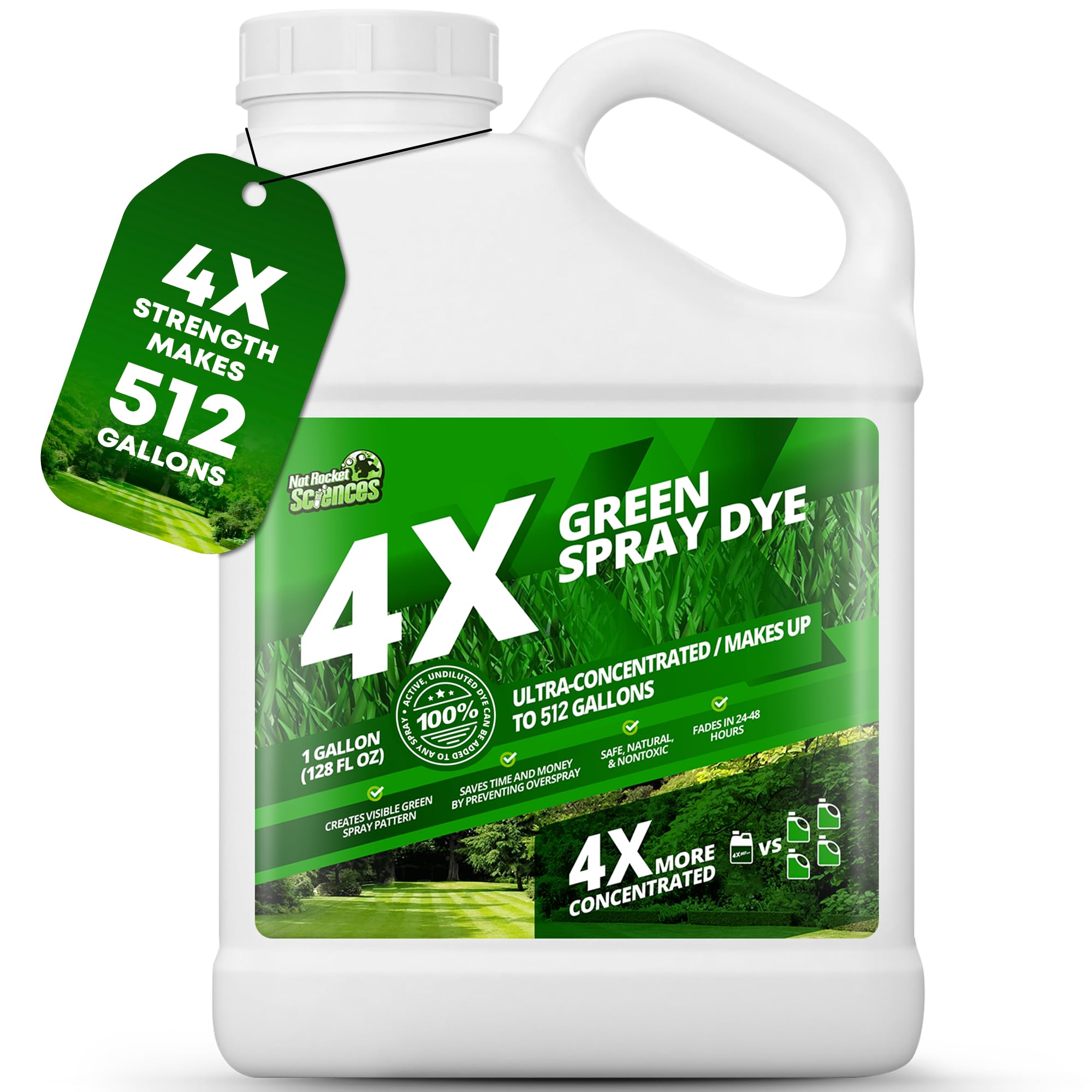 Not Rocket Sciences green spray dye in a 1 gal bottle shows visible coverage for precise application.