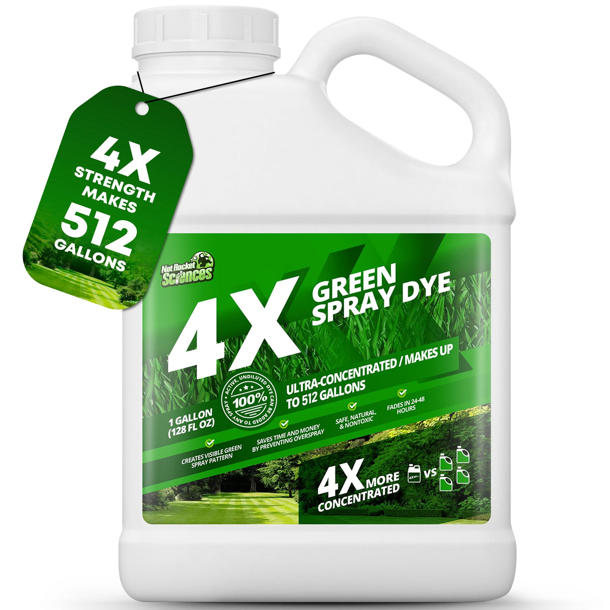 Not Rocket Sciences green spray dye in a 1 gal bottle shows visible coverage for precise application.