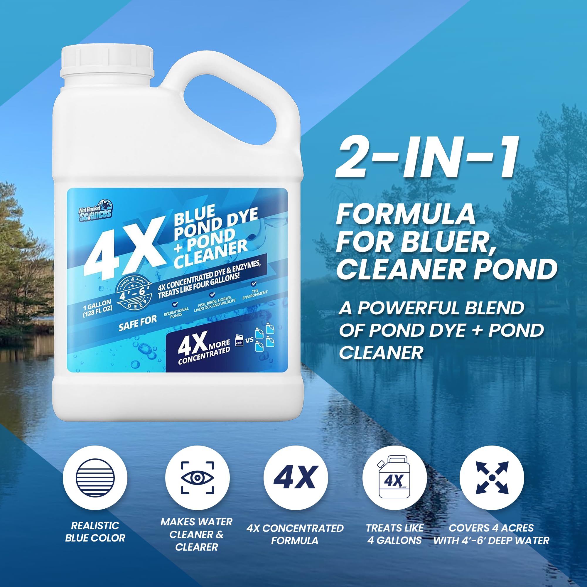 Not Rocket Sciences pond dye and enzyme action clarifies water for clearer ponds.