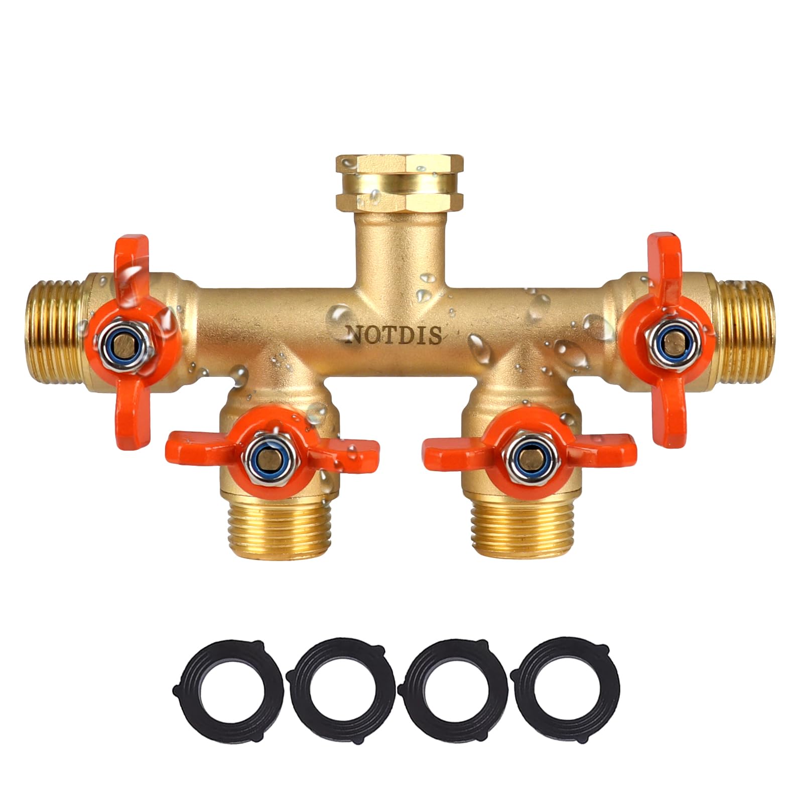 NOTDIS 4-Way Brass Hose Splitter full-flow body shows premium brass construction.