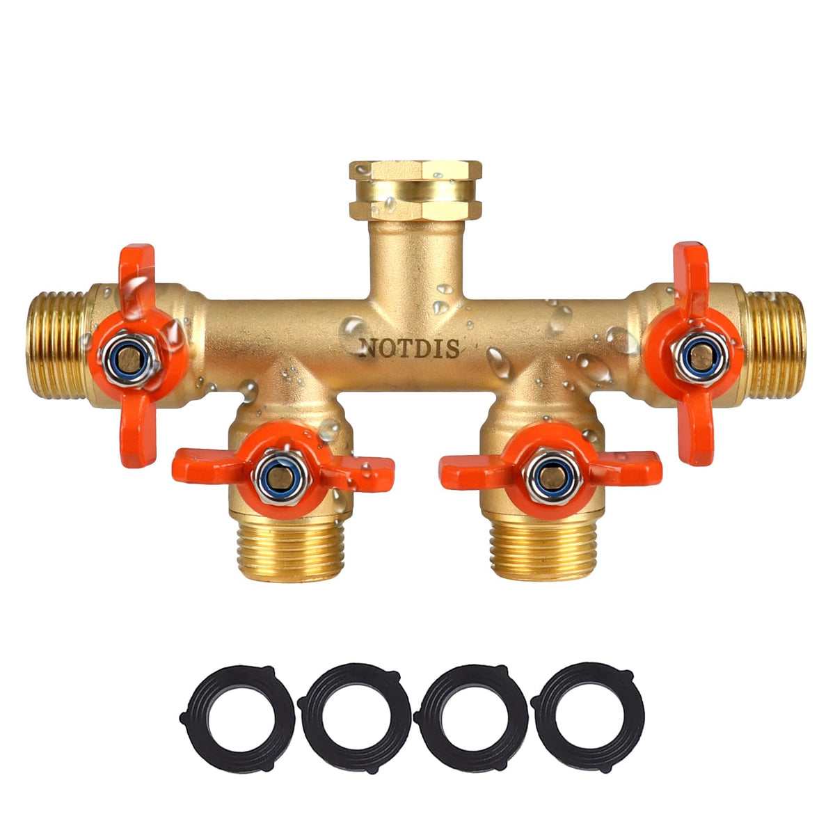 NOTDIS 4-Way Brass Hose Splitter full-flow body shows premium brass construction.