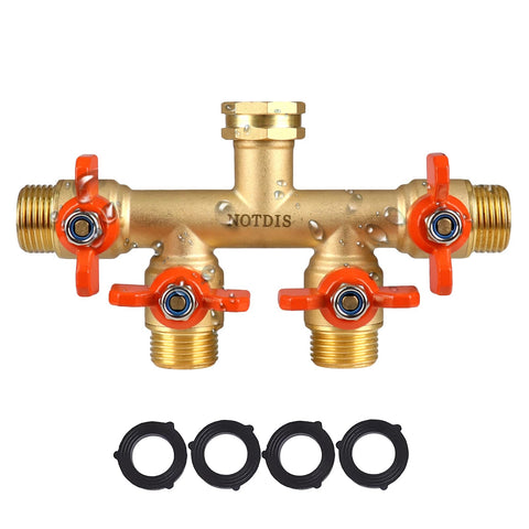 NOTDIS 4-Way Brass Hose Splitter full-flow body shows premium brass construction.