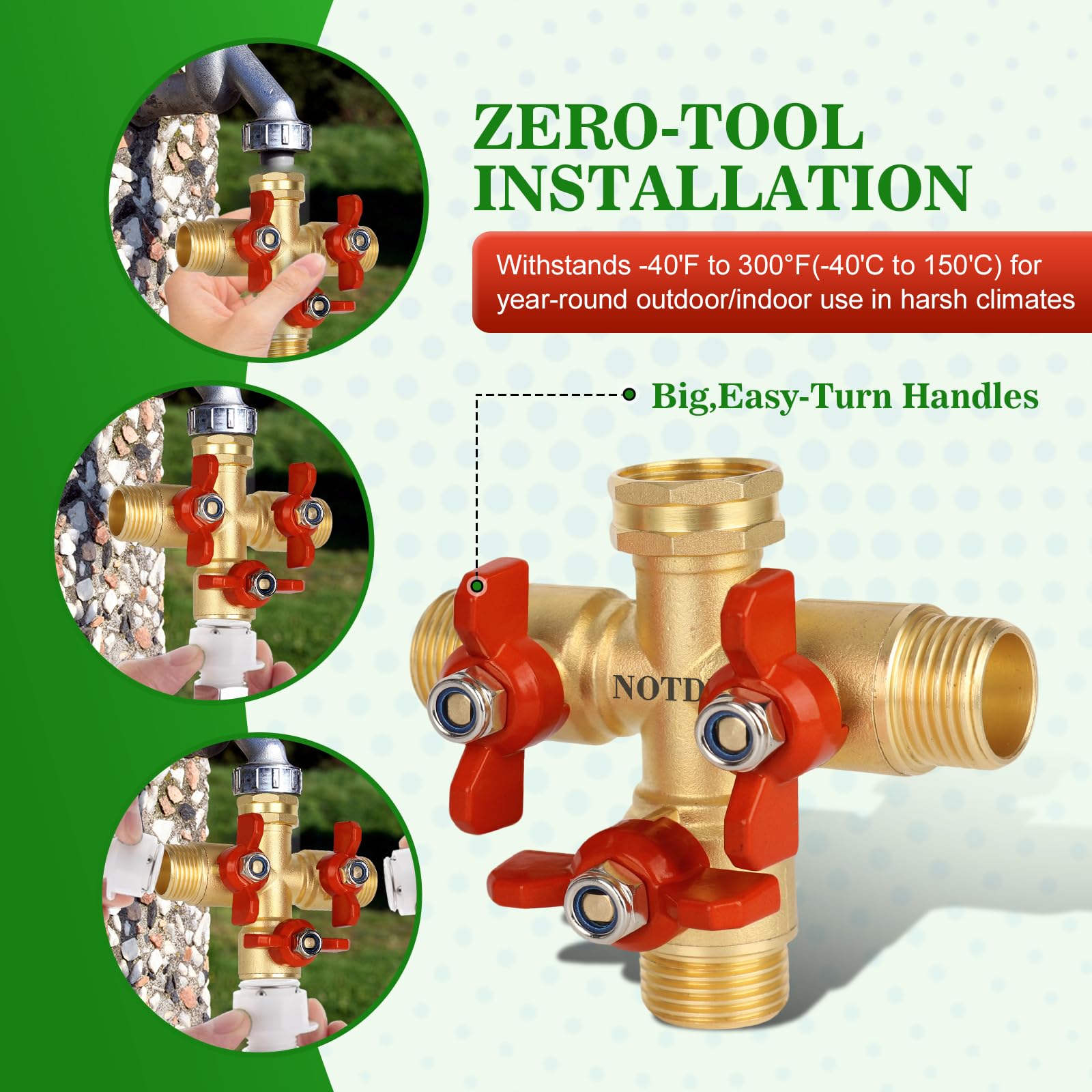 NOTDIS hose splitter with metal handle for easy one-finger operation.