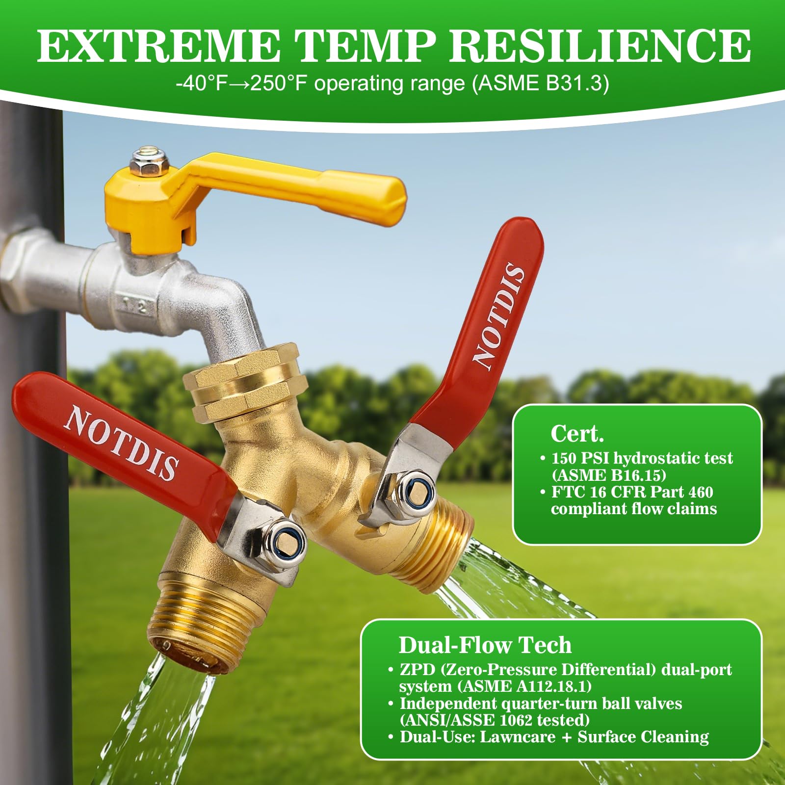 NOTDIS hose-splitter-standard-3-4-ght-thread provides broad compatibility with common hoses.