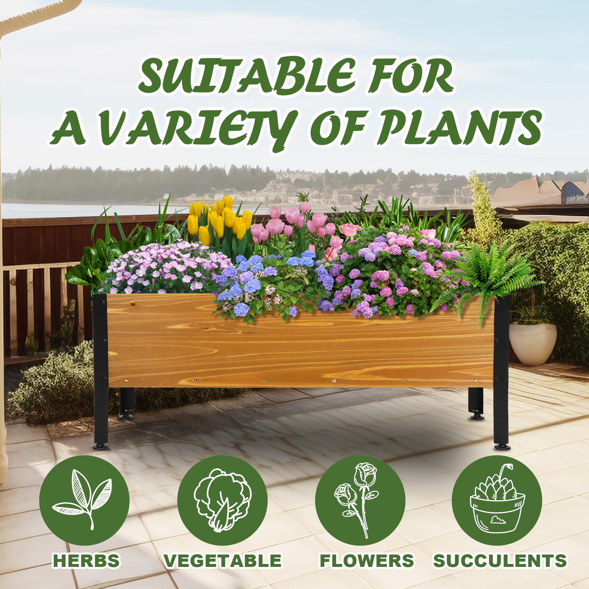 Notume elevated raised bed wood planter, easy access for flowers and greens