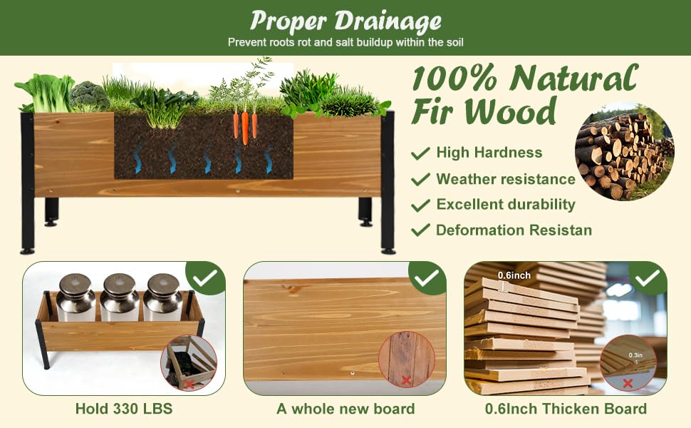 Notume rectangular wood planter box side view, showcasing sturdy construction