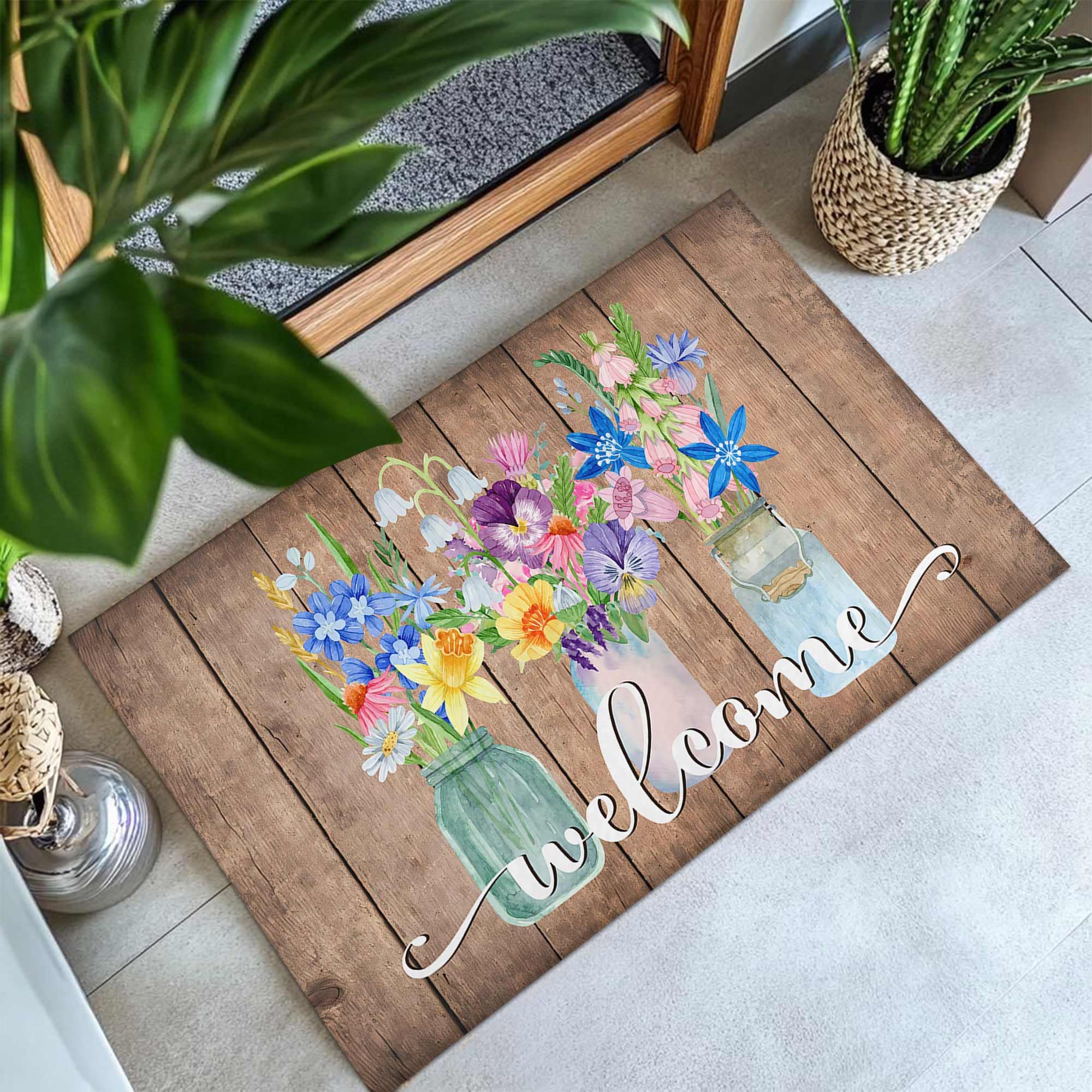 Noulmea Spring Door Mat with watercolor wildflowers brightens entryways and traps dirt