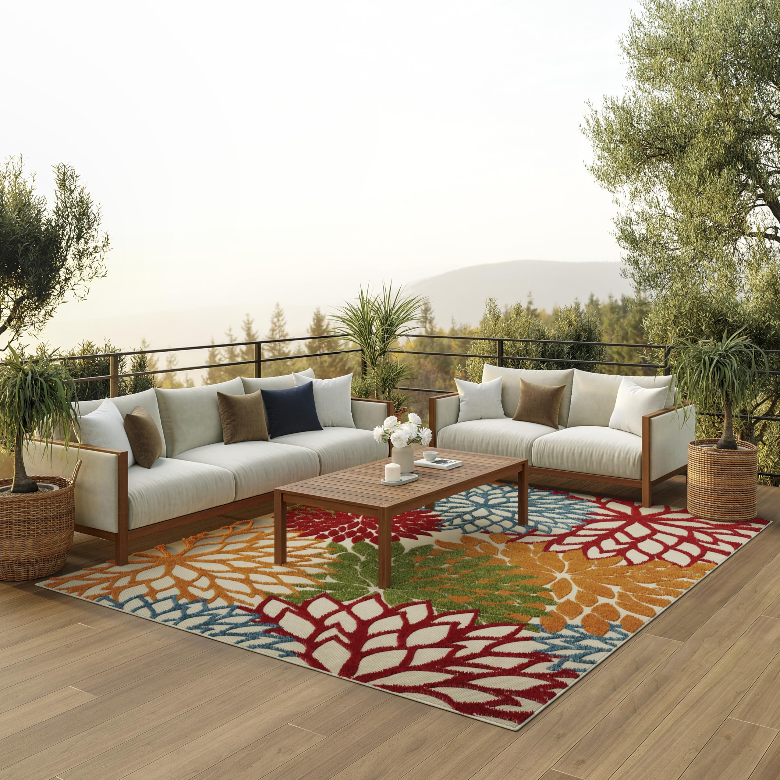 Nourison Aloha 7x10 rug in green and multi-color for indoor/outdoor use, durable and easy to clean.
