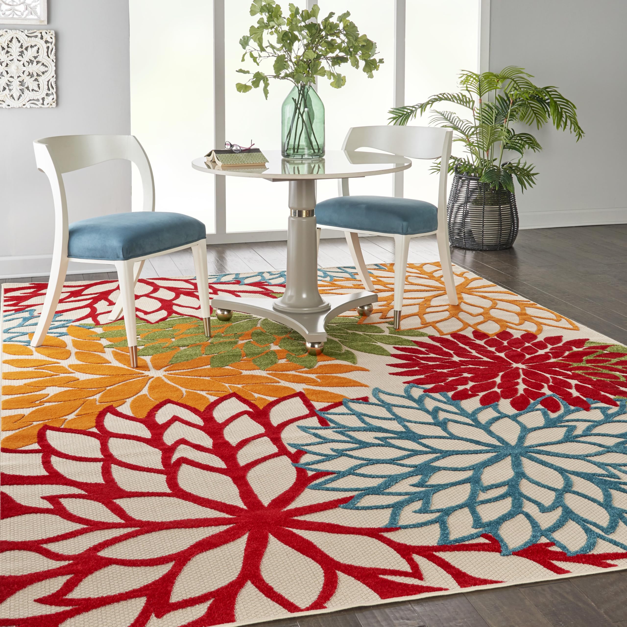 Nourison Aloha floral outdoor rug closeup showcases high-low texture and vibrant hues.