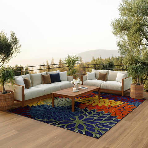 Nourison Aloha floral outdoor rug front view enhances patio decor with vibrant, sun-friendly blooms.