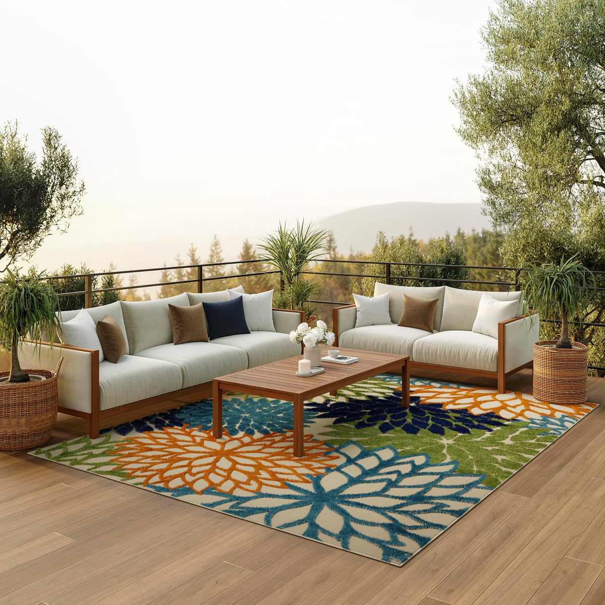 Nourison Aloha floral patio rug adds tropical vibe and quick cleanup.