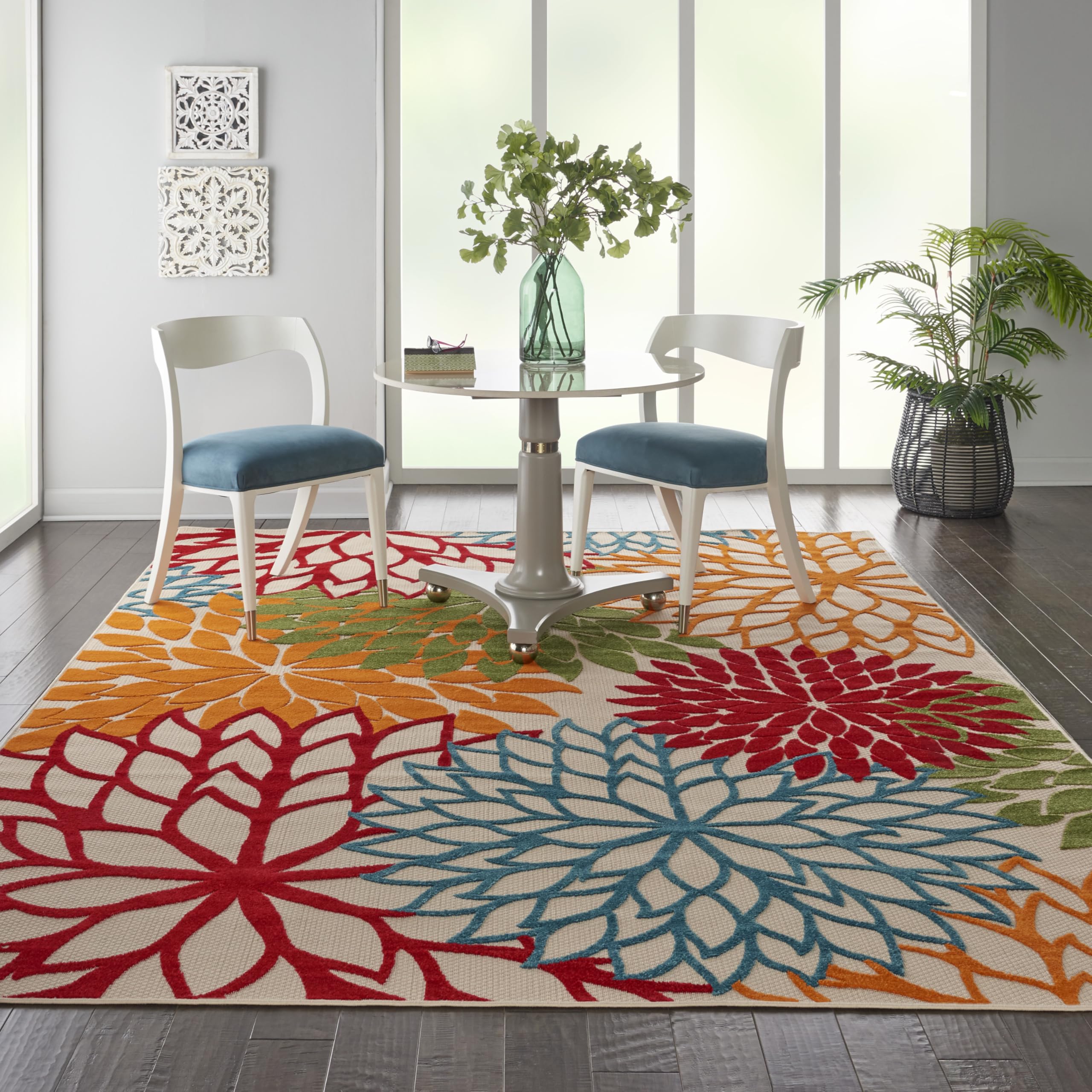 Nourison Aloha green patio rug brings tropical vibes to decks and porches.