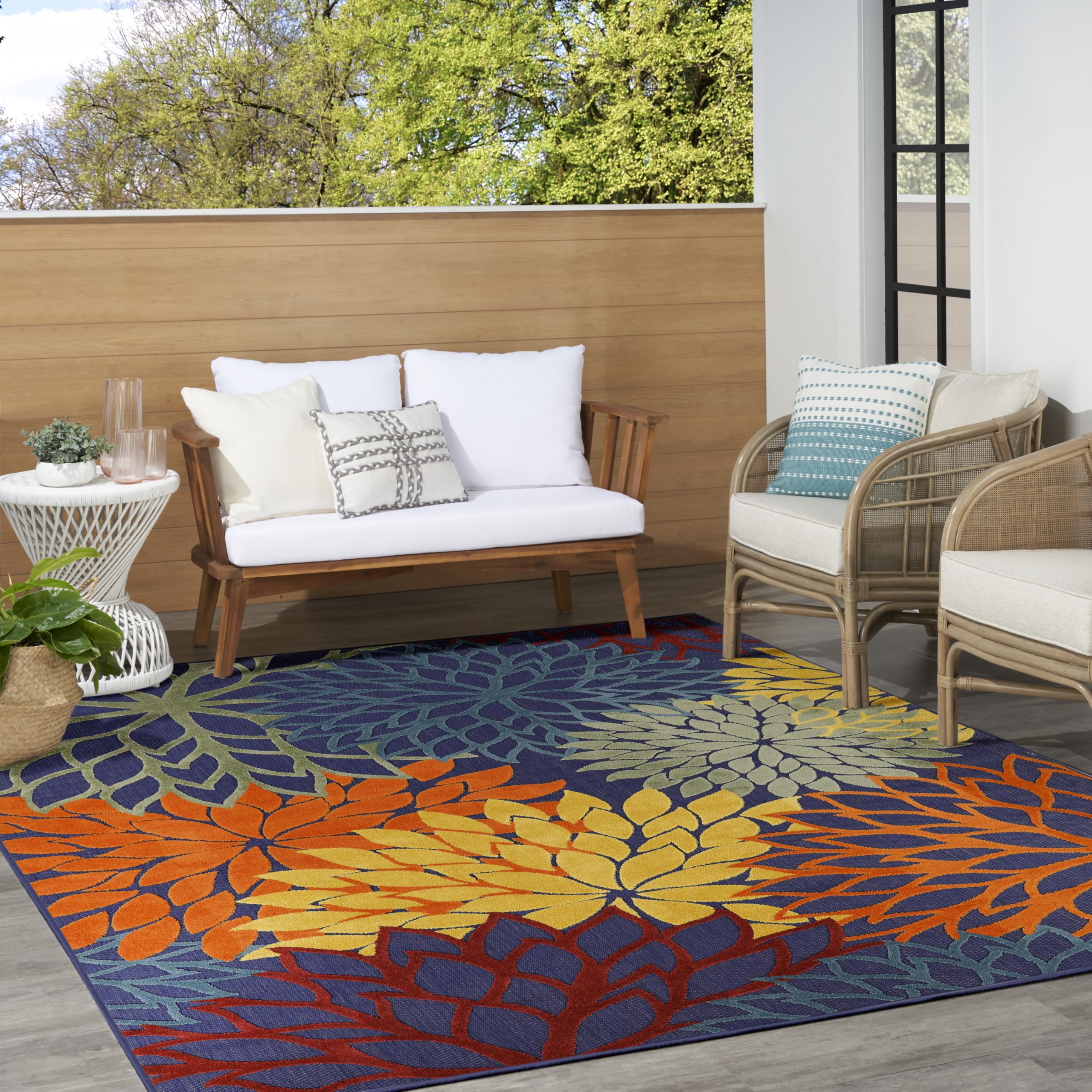 Nourison Aloha vibrant color palette brings lively accents to outdoor seating areas.