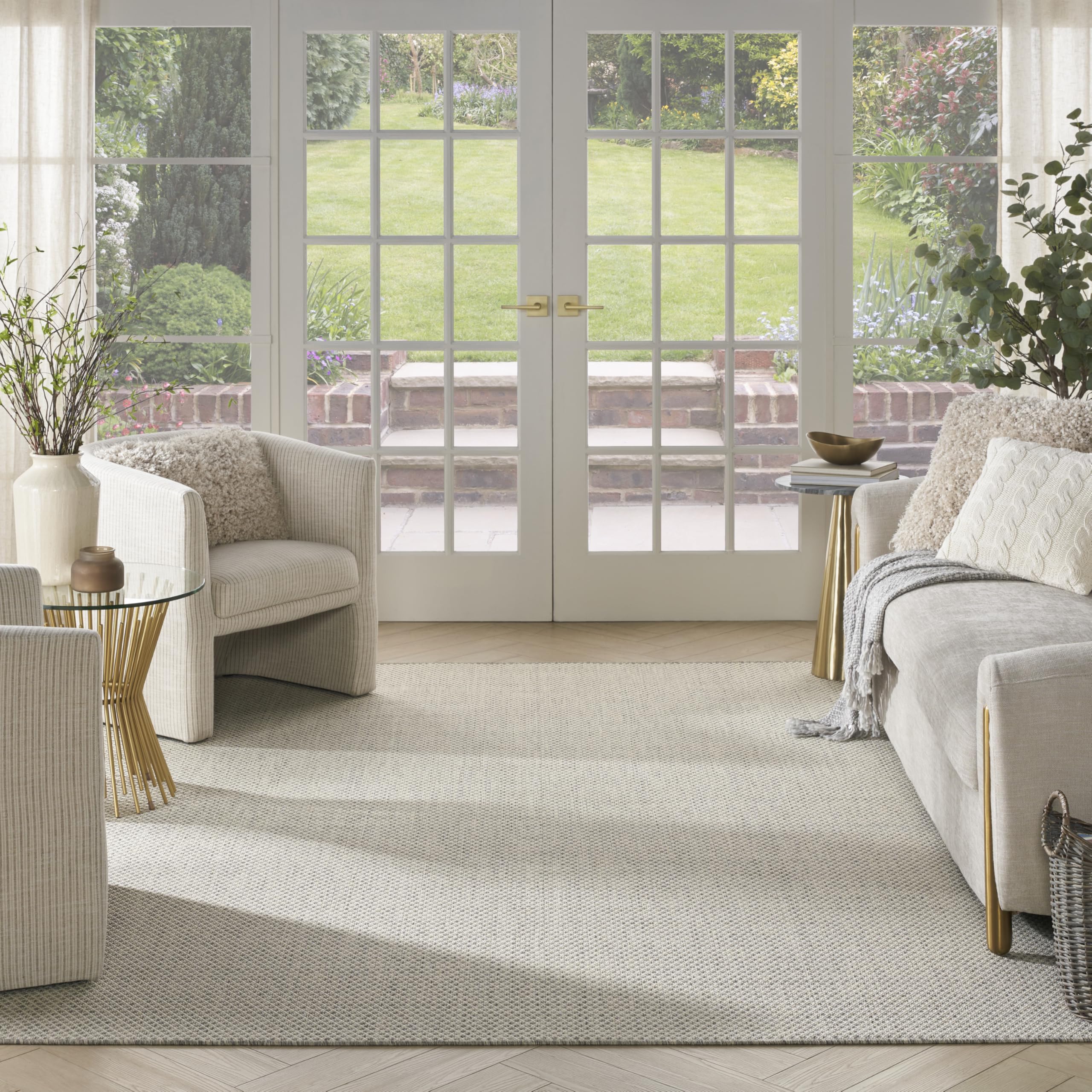Nourison Courtyard living room arrangement highlights contemporary style and durability