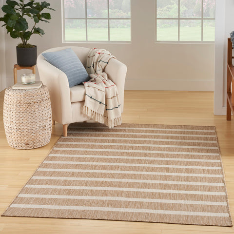 Nourison Positano beige ivory rug, outdoor flatweave ideal for patios and easy cleaning.