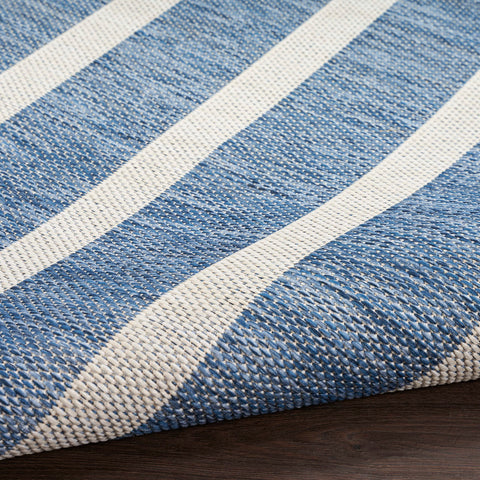 Nourison Positano navy ivory stripe details on deck.