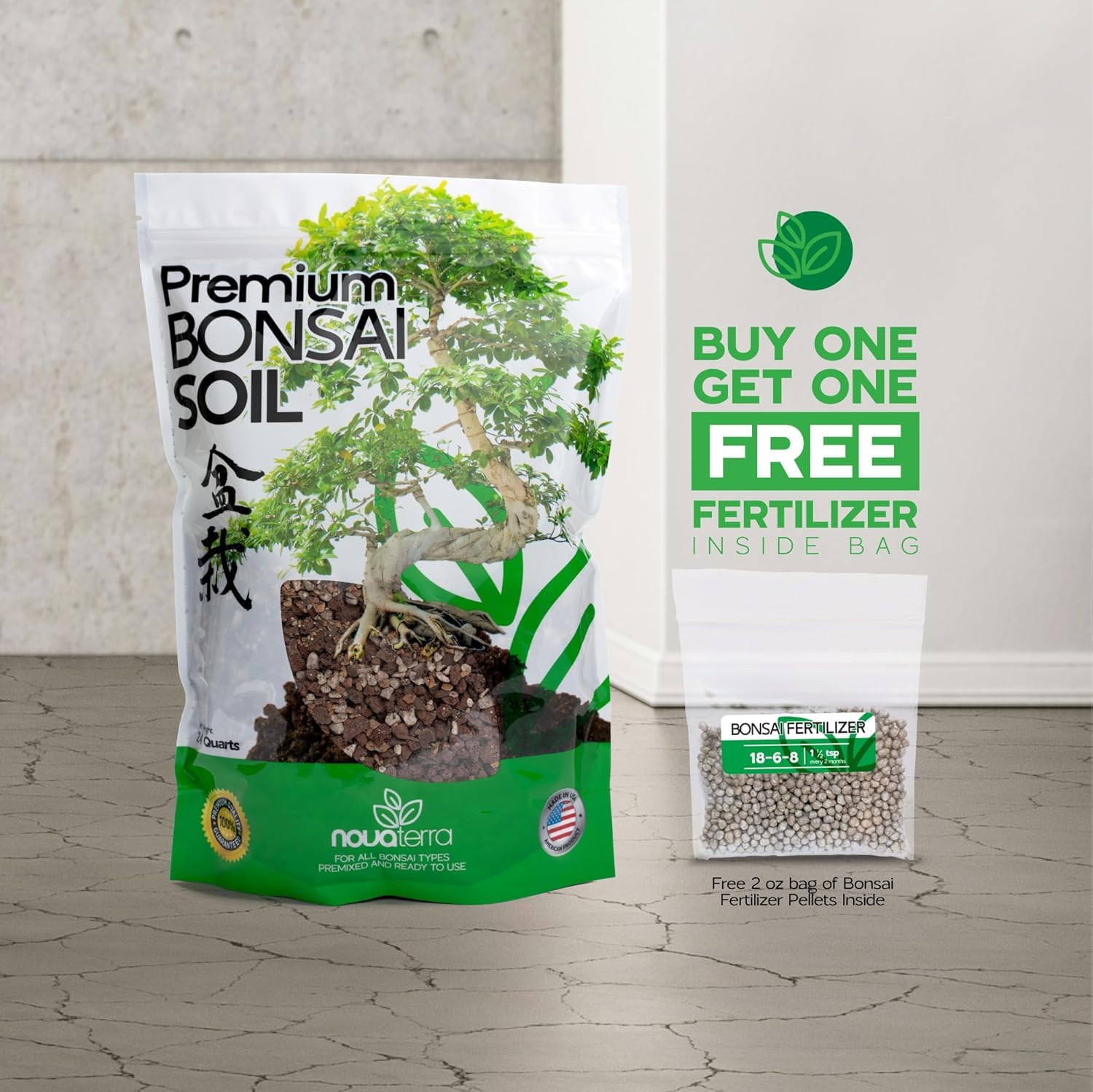 Nova-TERRA akadama soil bag with 2oz fertilizer pellets inside.