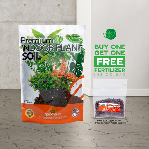 Nova-TERRA indoor potting mix with dolomite and peat moss for balanced moisture.