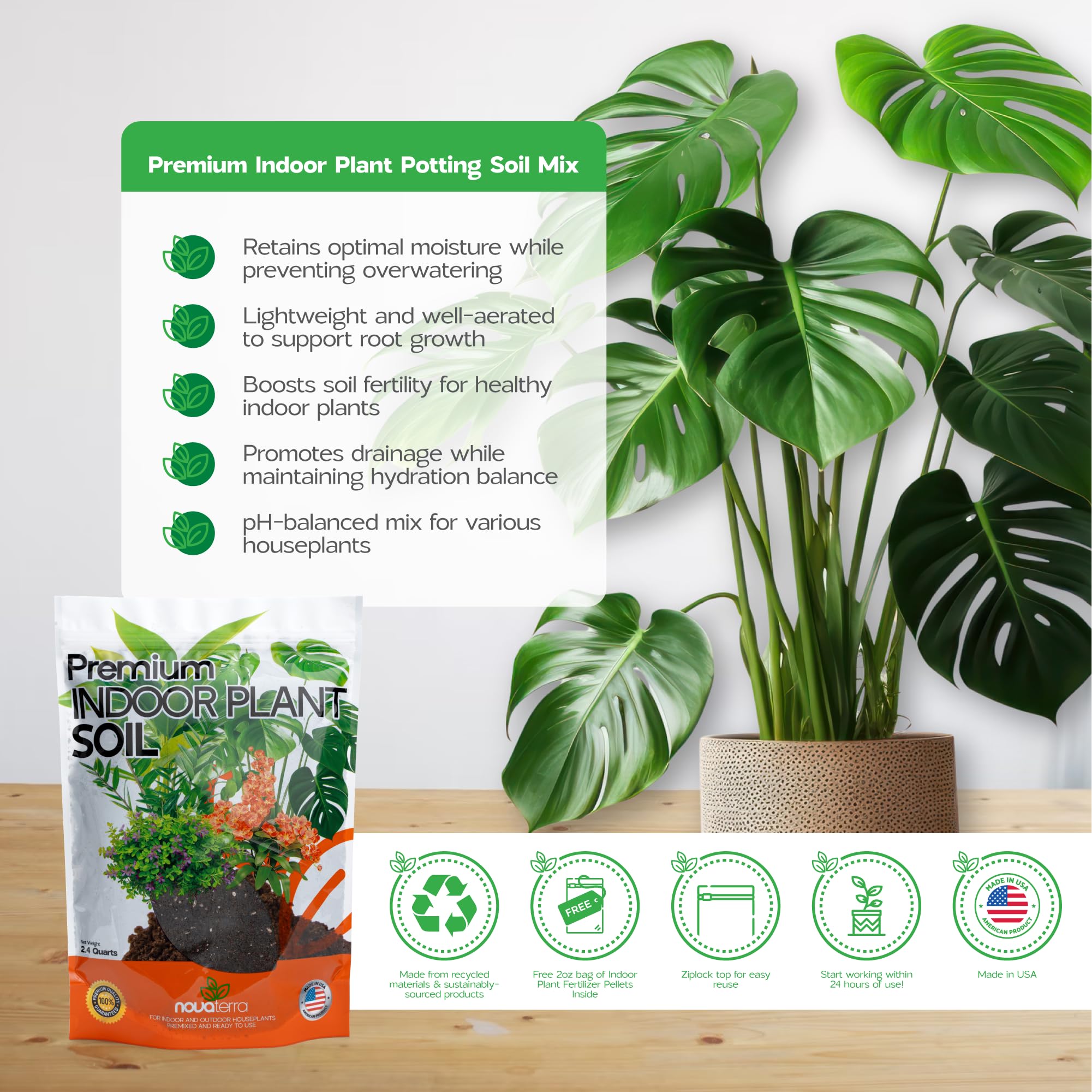 Nova-TERRA organic ingredients highlighted in the soil blend for potted plants.
