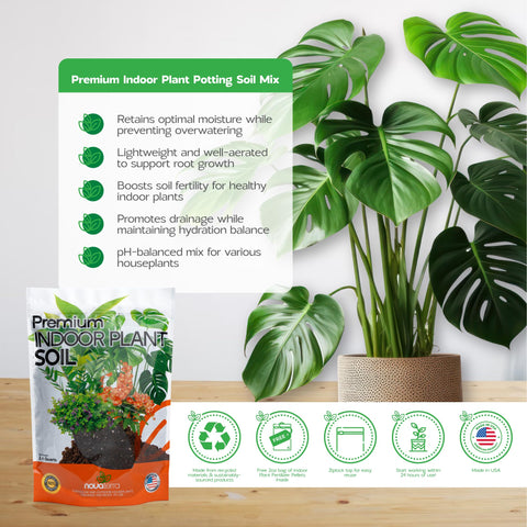 Nova-TERRA organic ingredients highlighted in the soil blend for potted plants.