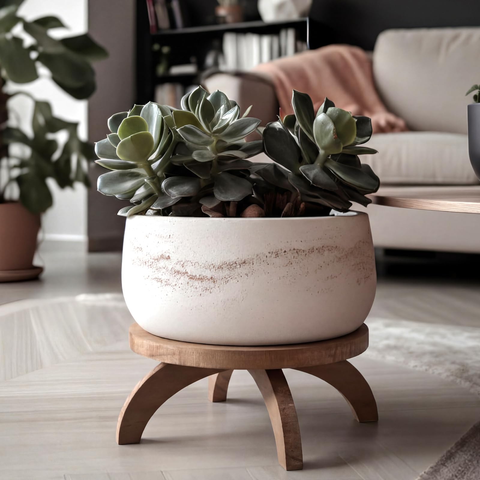 Novabright burnt-wood texture pedestal adds warm rustic charm.