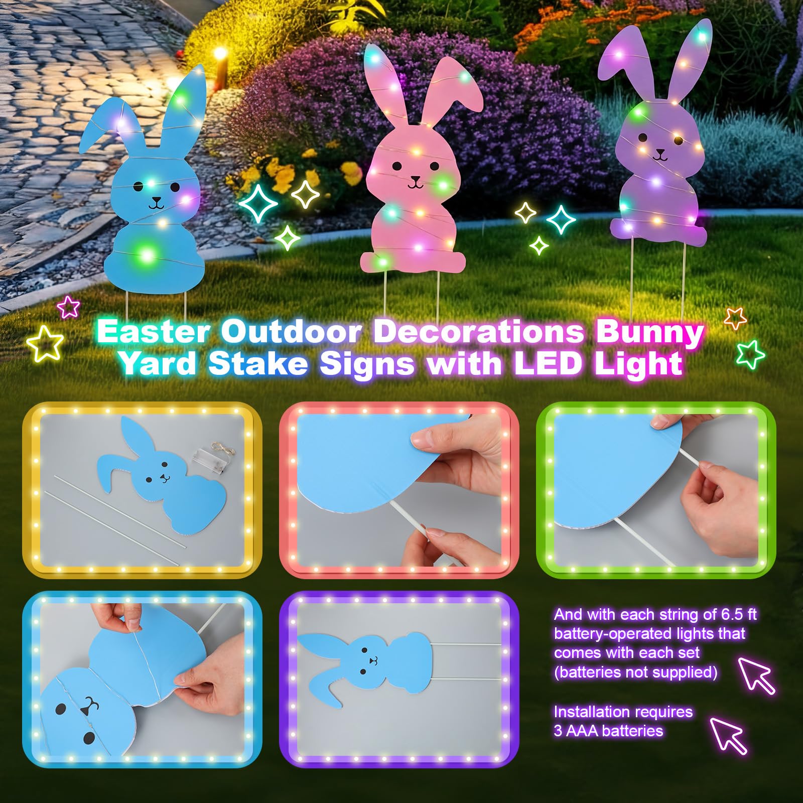 Novabright colorful bunny signs create a festive lawn display.