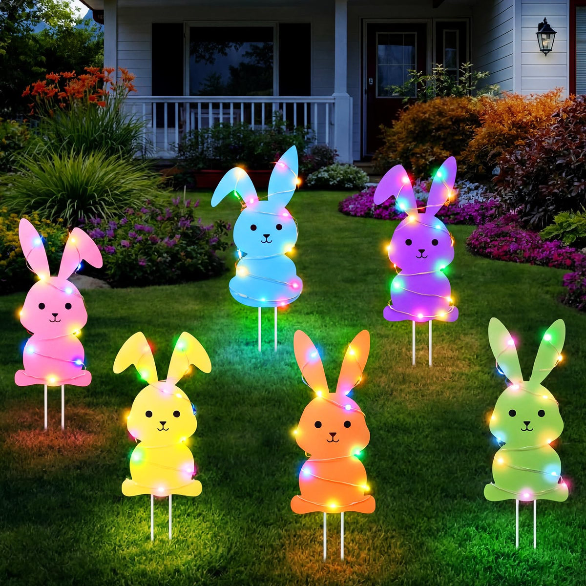 Novabright Easter bunny yard signs in bright colors to boost curb appeal.