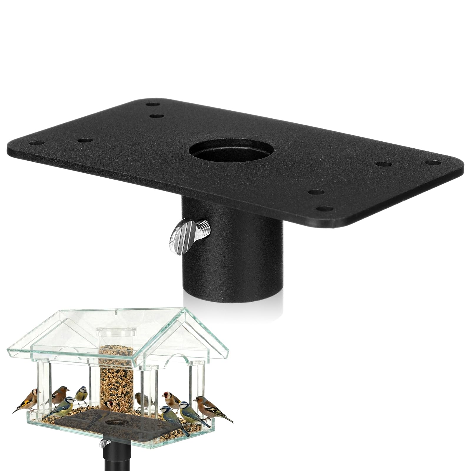 Novabright flange top mounting plate on a 1-inch pole for sturdy, year-round feeder support.