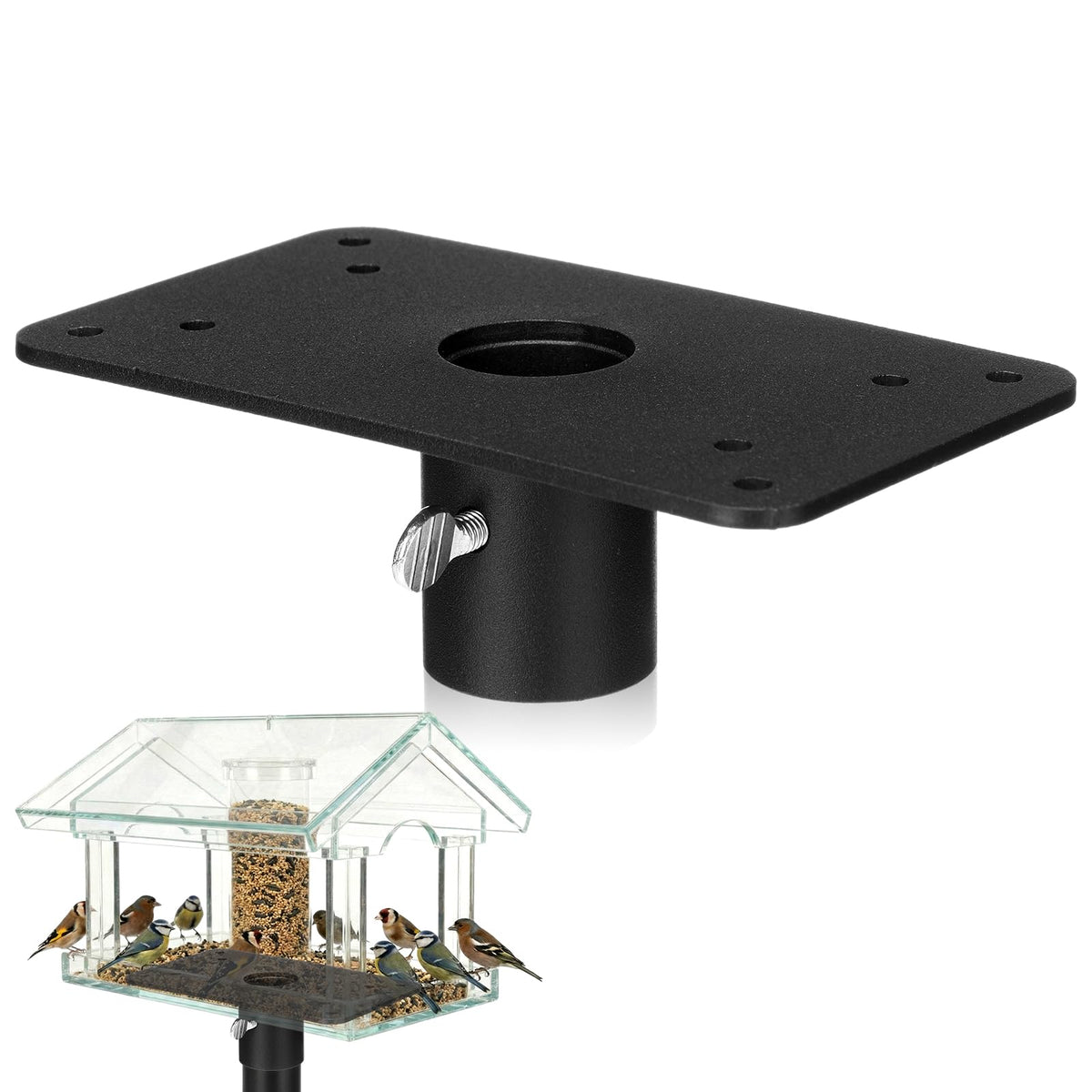 Novabright flange top mounting plate on a 1-inch pole for sturdy, year-round feeder support.