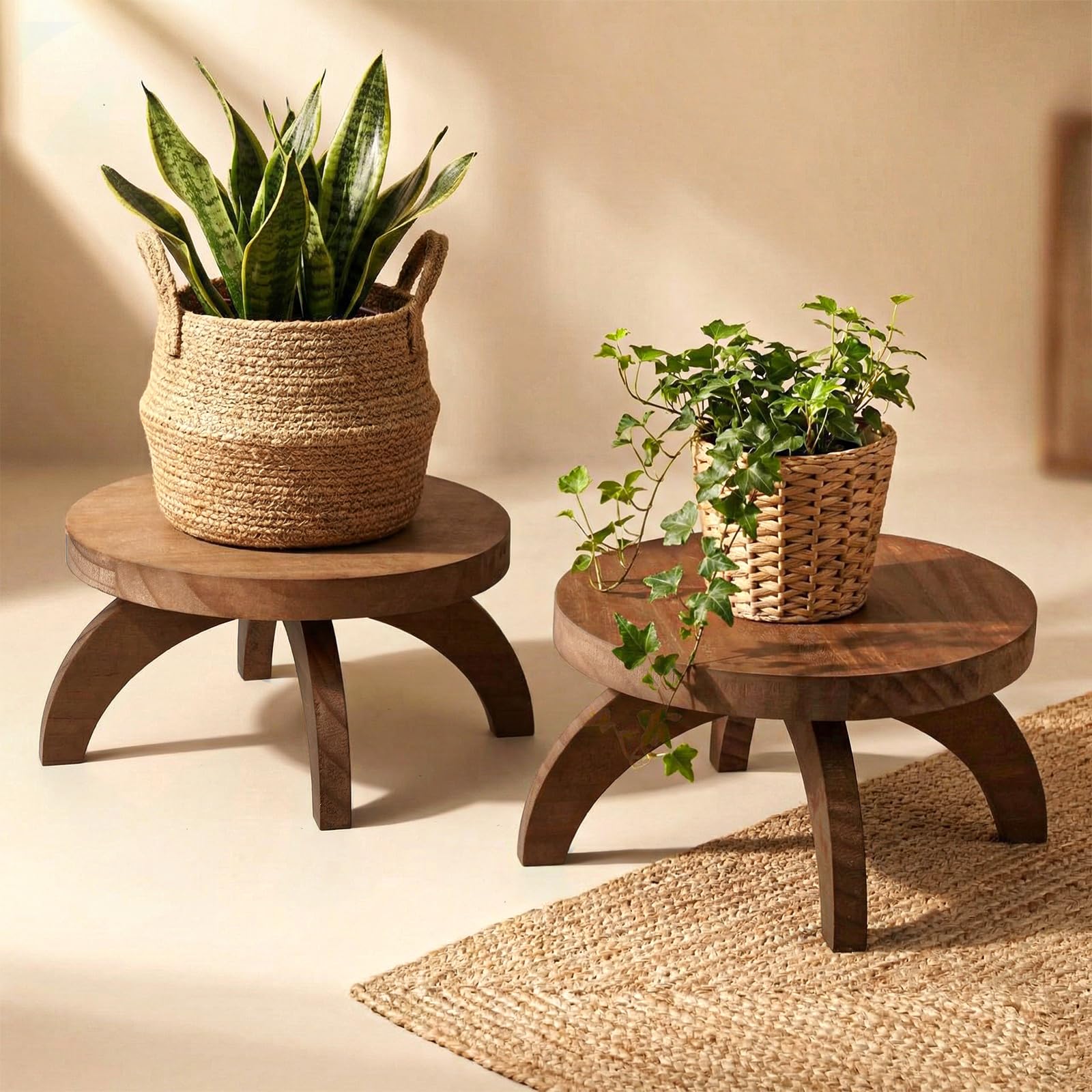 Novabright two-pack wood pedestal round stand elevating potted plants.
