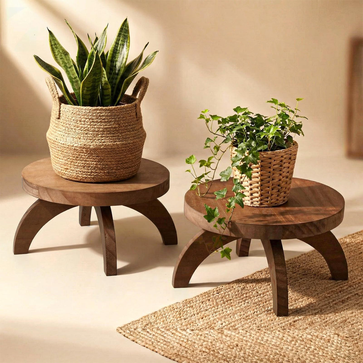 Novabright two-pack wood pedestal round stand elevating potted plants.