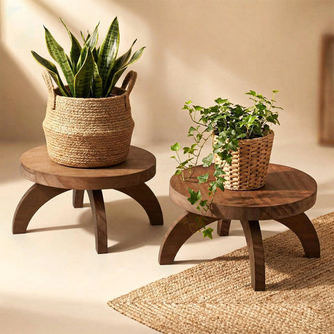 Novabright two-pack wood pedestal round stand elevating potted plants.