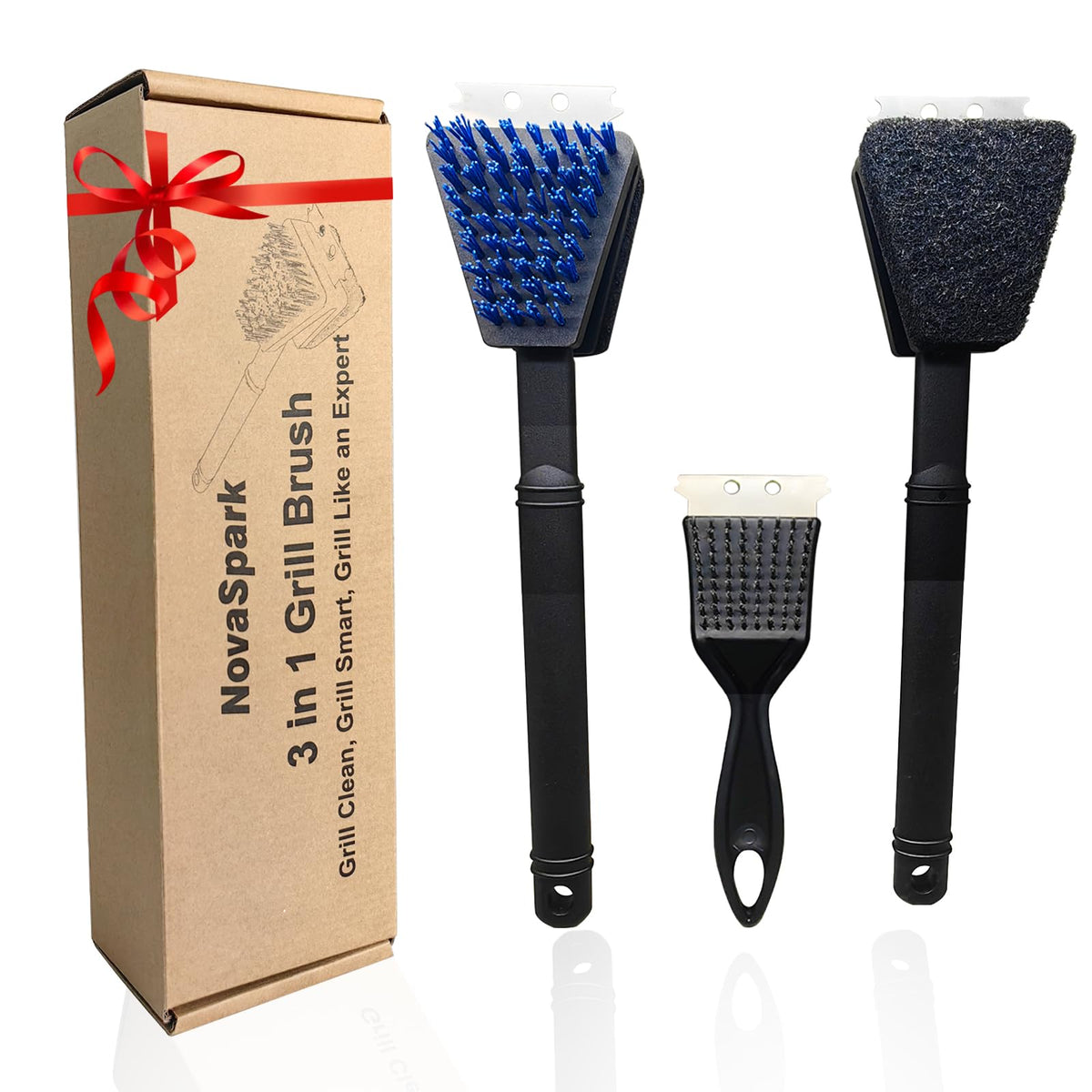 Novaspark nylon grill brush 3pc set for safe, bristle-free outdoor grill cleaning