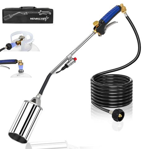 Novastry propane torch weed burner with long hose for safer, extended reach around driveways.