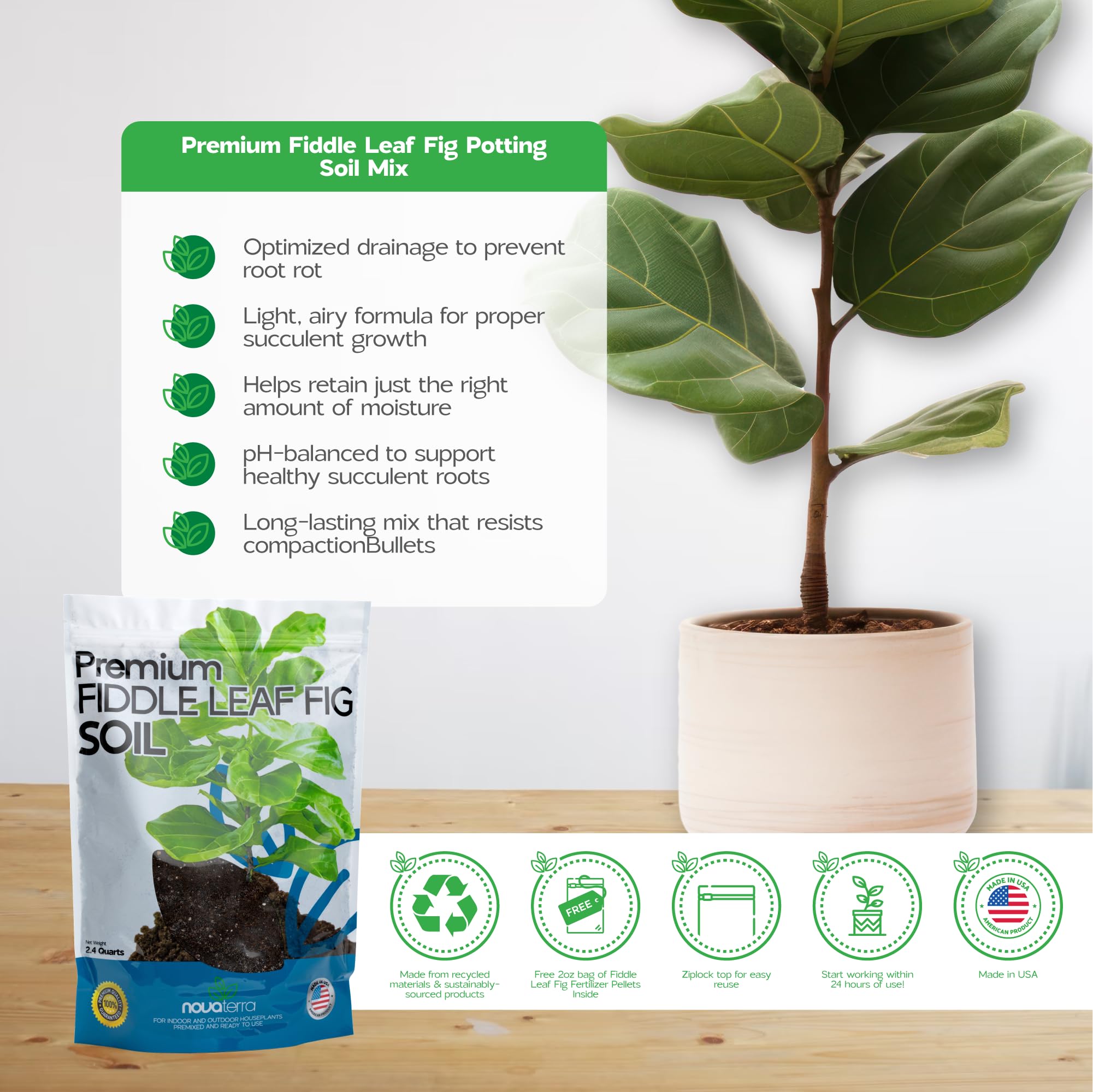 NOVA-TERRA coco coir and peat moss blend supports moisture retention.