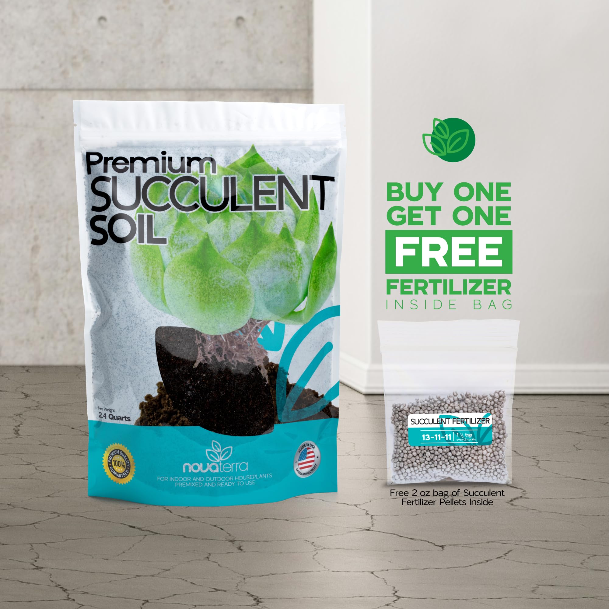 NOVA-TERRA fertilizer pellets inside the bag to boost live succulent growth
