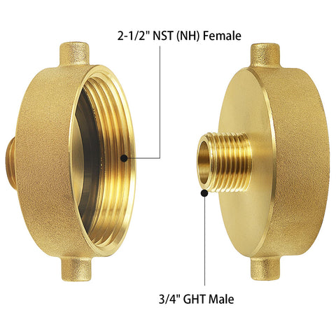 NOVINO brass adapter thread detail highlights NST/NH female and GHT male interfaces.