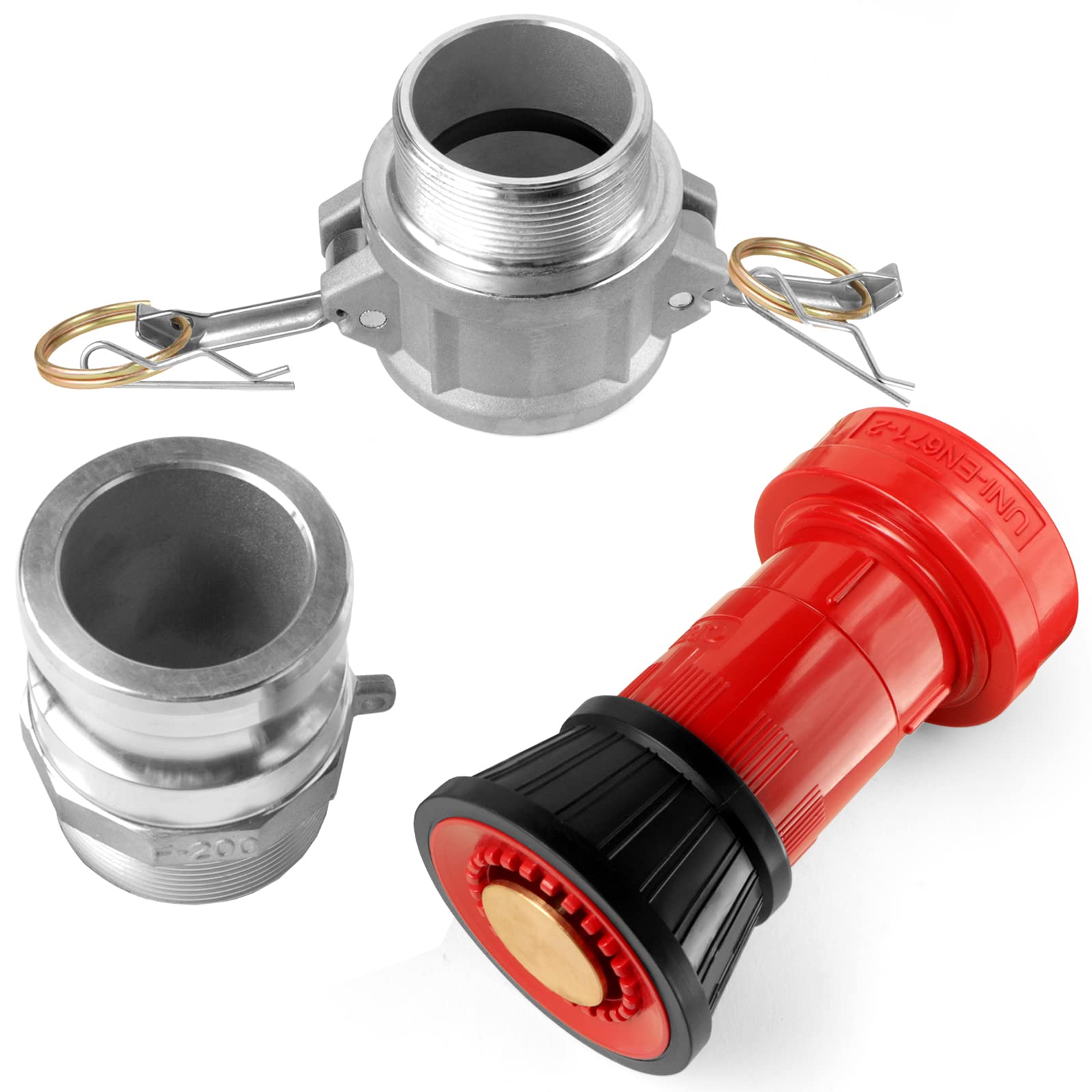 NOVINO aluminum camlock fitting close-up shows secure, rust resistant connection.