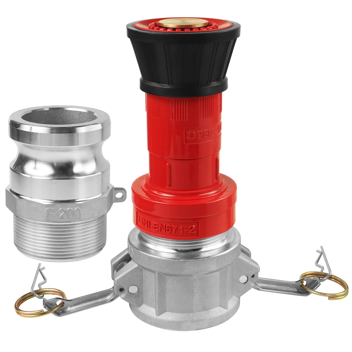 NOVINO fire hose nozzle front view shows rugged build for reliable water delivery.