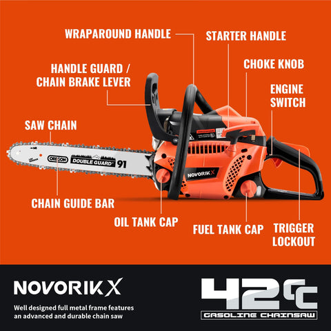 NovorikX chainsaw with a 16-inch bar ideal for precise trimming.