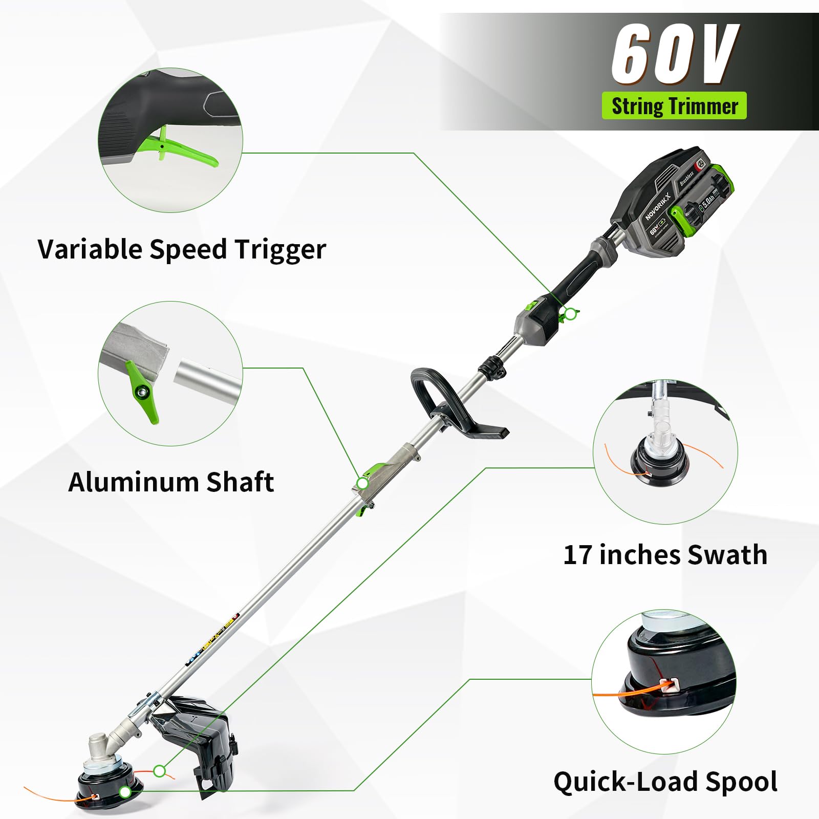 NovorikX 60V cordless trimmer with 17-inch swath for large lawns