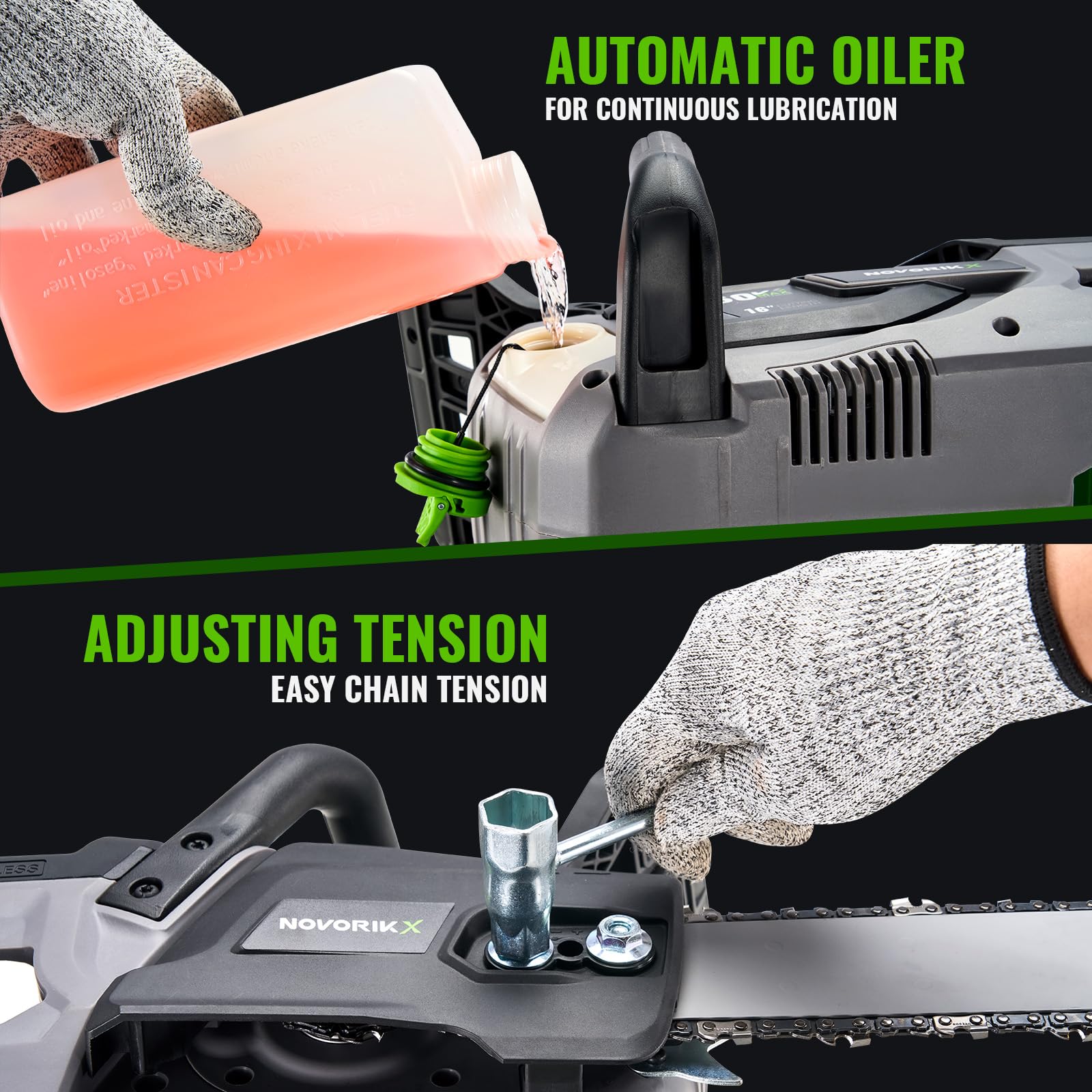 NovorikX automatic oiler keeps the chain lubricated for smooth cuts
