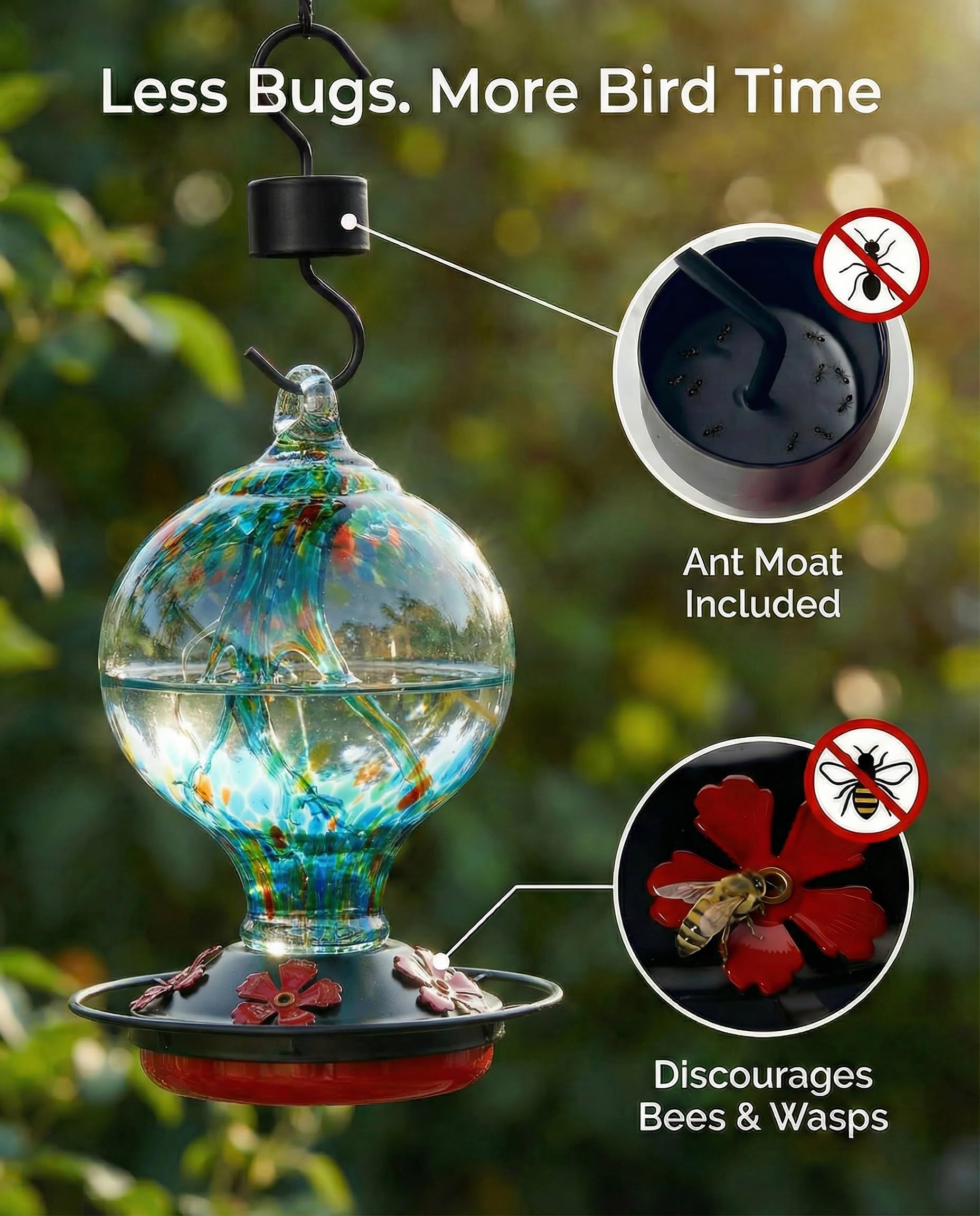 Novoto hummingbird feeder 34 oz glass for extended nectar visits