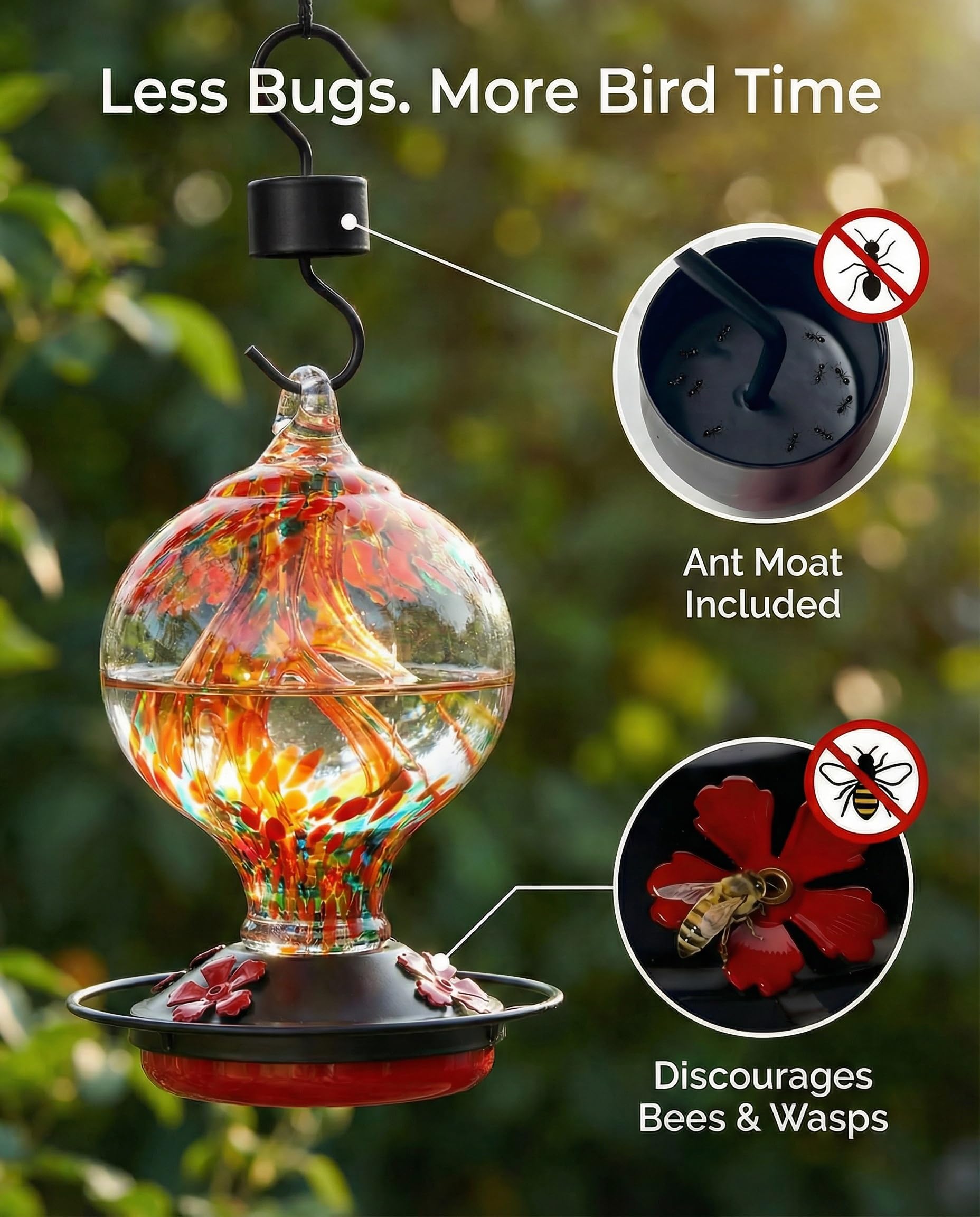 Novoto hummingbird feeder hanging outdoors adds charm to patios and simplifies setup