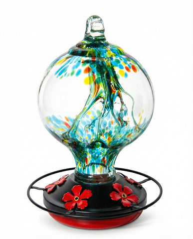 Novoto hummingbird feeder outdoors hanging with glass artistry for garden viewing
