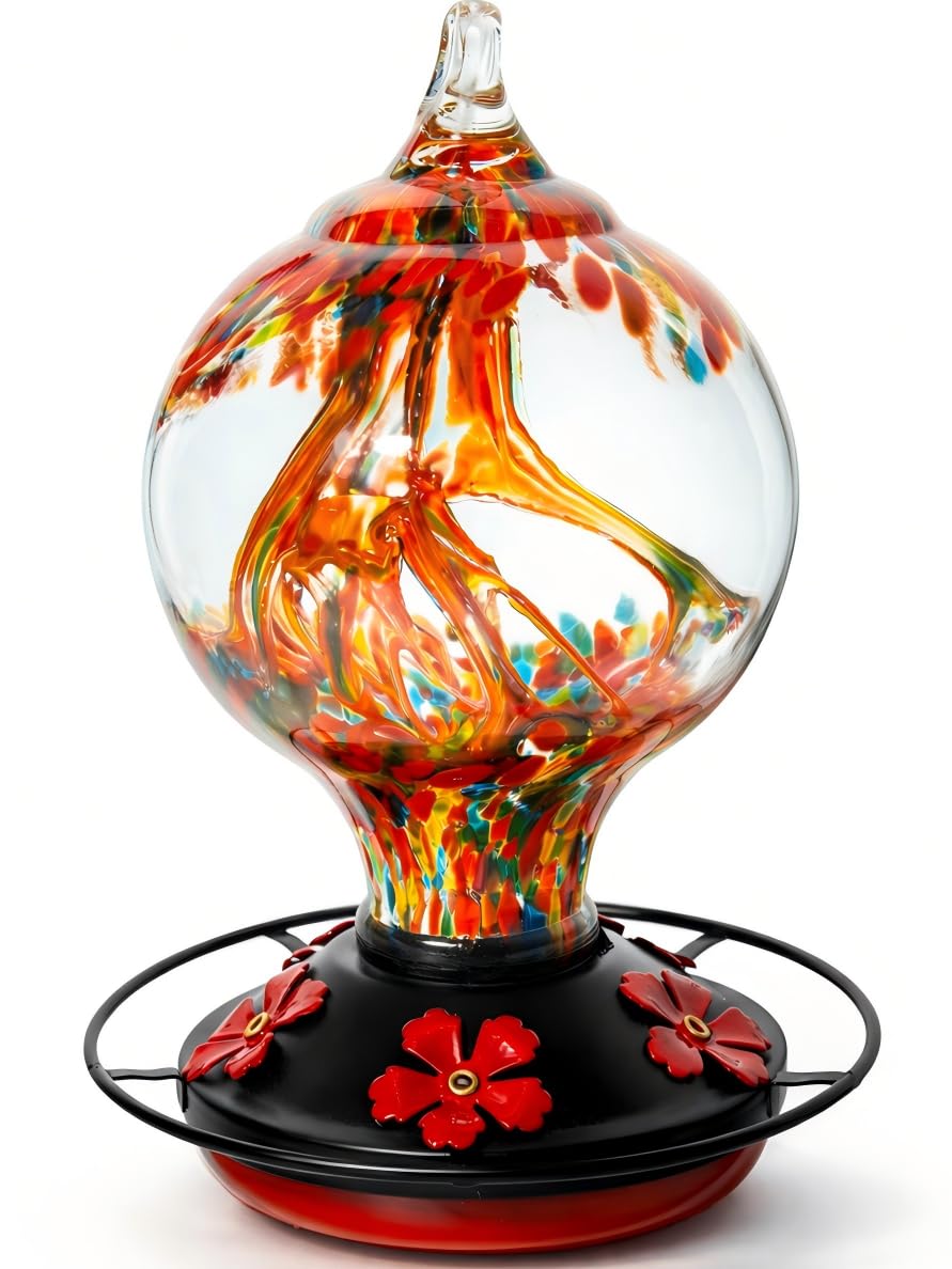 Novoto hummingbird feeder with sunset red glass art enhances garden ambiance and attracts vivid visitors