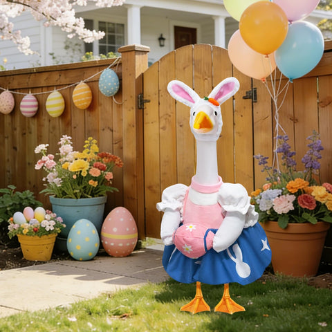 Outdoor Easter decor setup using NovousGoo goose outfit for porches and gardens