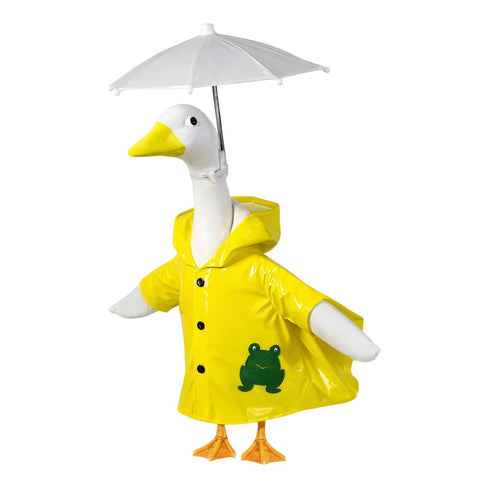 NovousGoo outdoor lawn display with goose raincoat for year-round appeal.