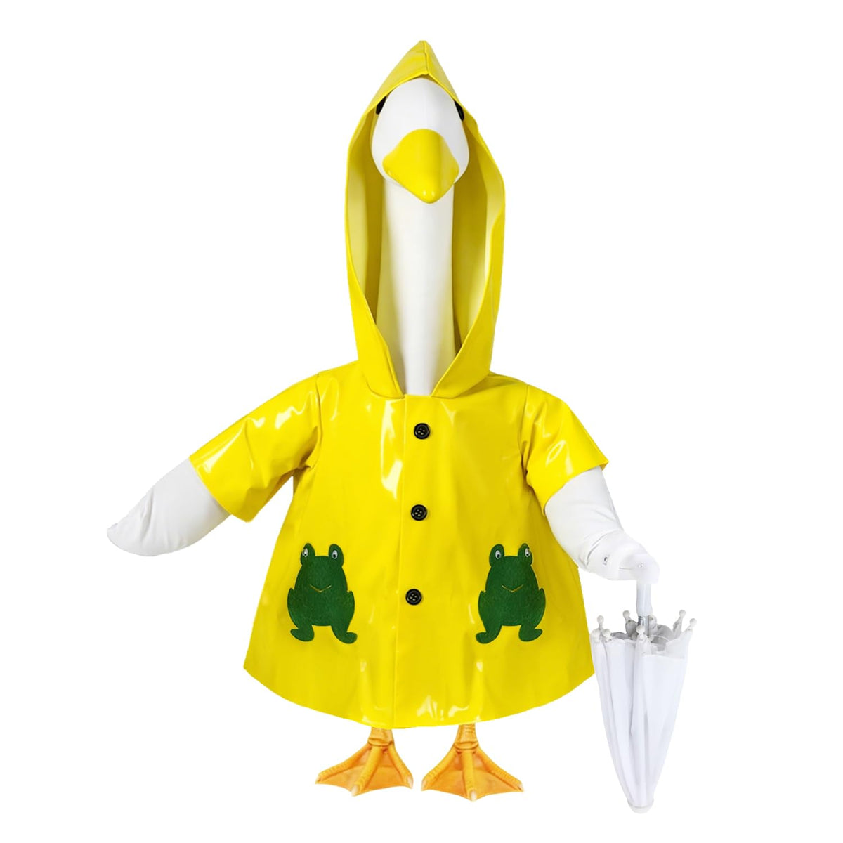 NovousGoo raincoat on a 23-inch porch goose for weather-ready garden decor.